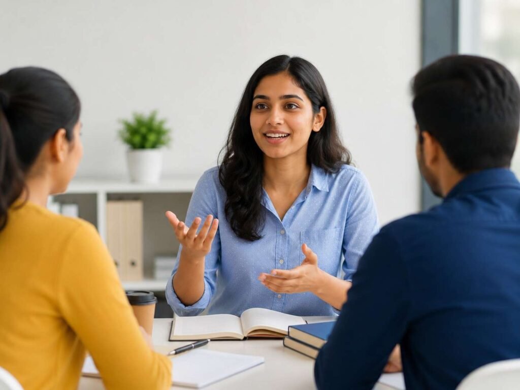 Students attending an English speaking course in Rajouri Garden at ExploreU Institute with communication practice and group discussion